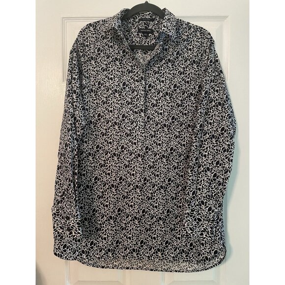 LANDS' END Woman’s 12 T. Tall Black Gray Print "No Iron Supima" Blouse Top - Picture 1 of 12